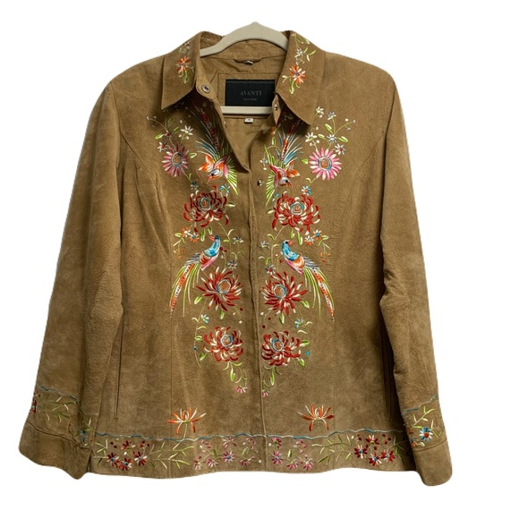 Avanti Jackets & Blazers - Vintage Avanti New York Small Tan Suede Leather Floral Bird Embroidered Jacket